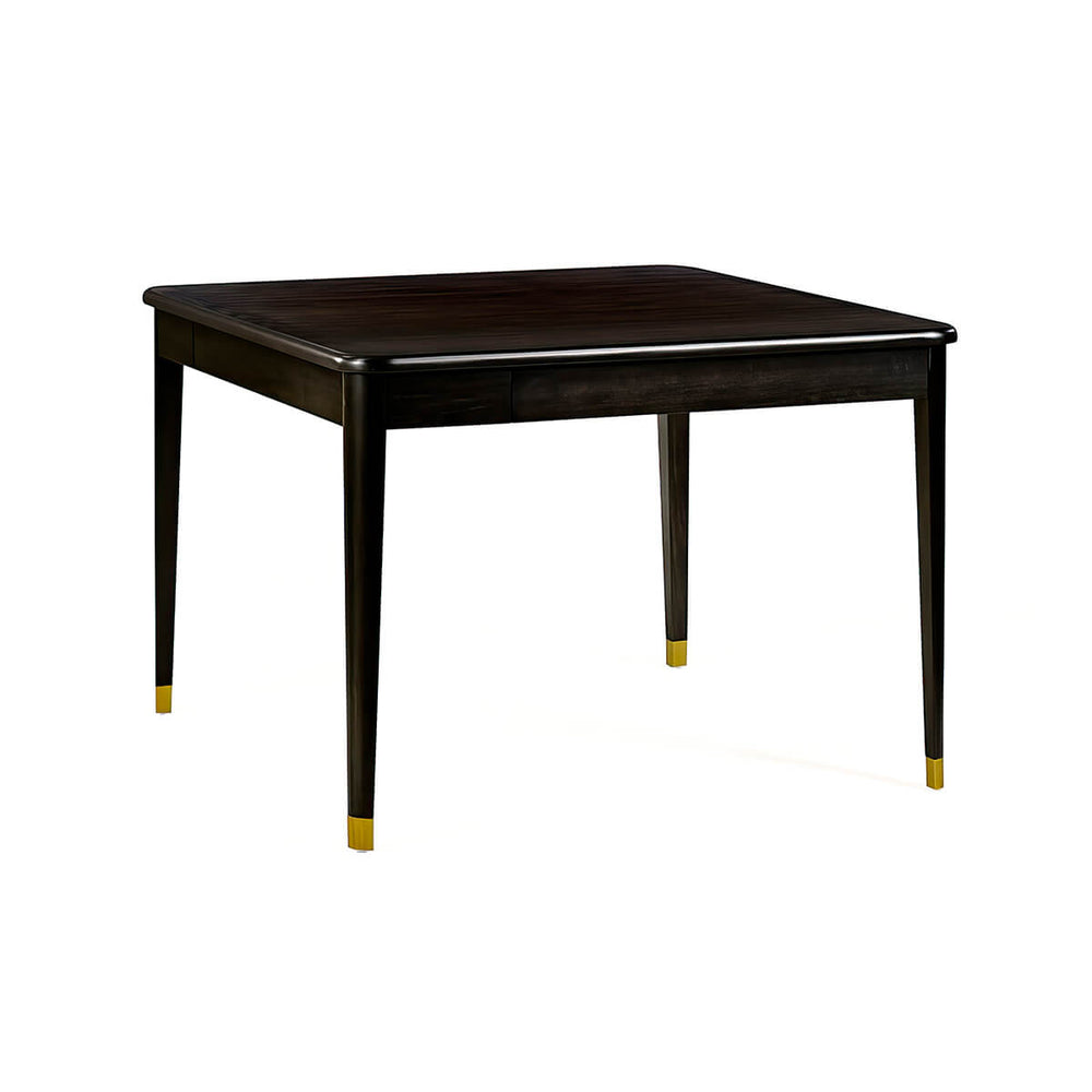 Square game table with espresso finish and gold accents.