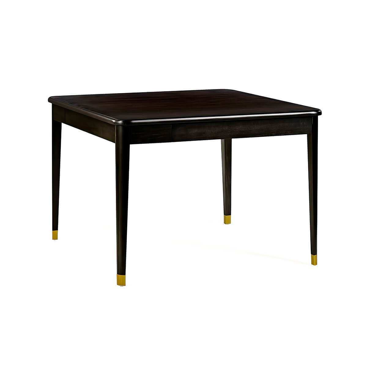 Square game table with espresso finish and gold accents.