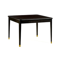 Square game table with espresso finish and gold accents.