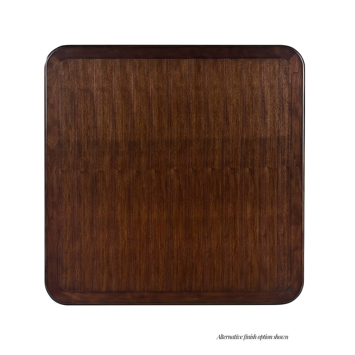 Top view of espresso-finished square game table surface.