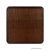 Top view of espresso-finished square game table surface.