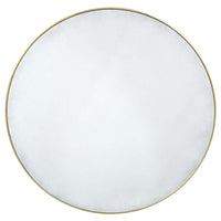 Circular gilt mirror close-up on white background.