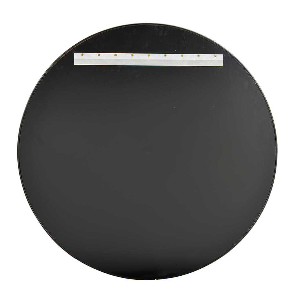 Back view of round mirror showing mounting hardware.