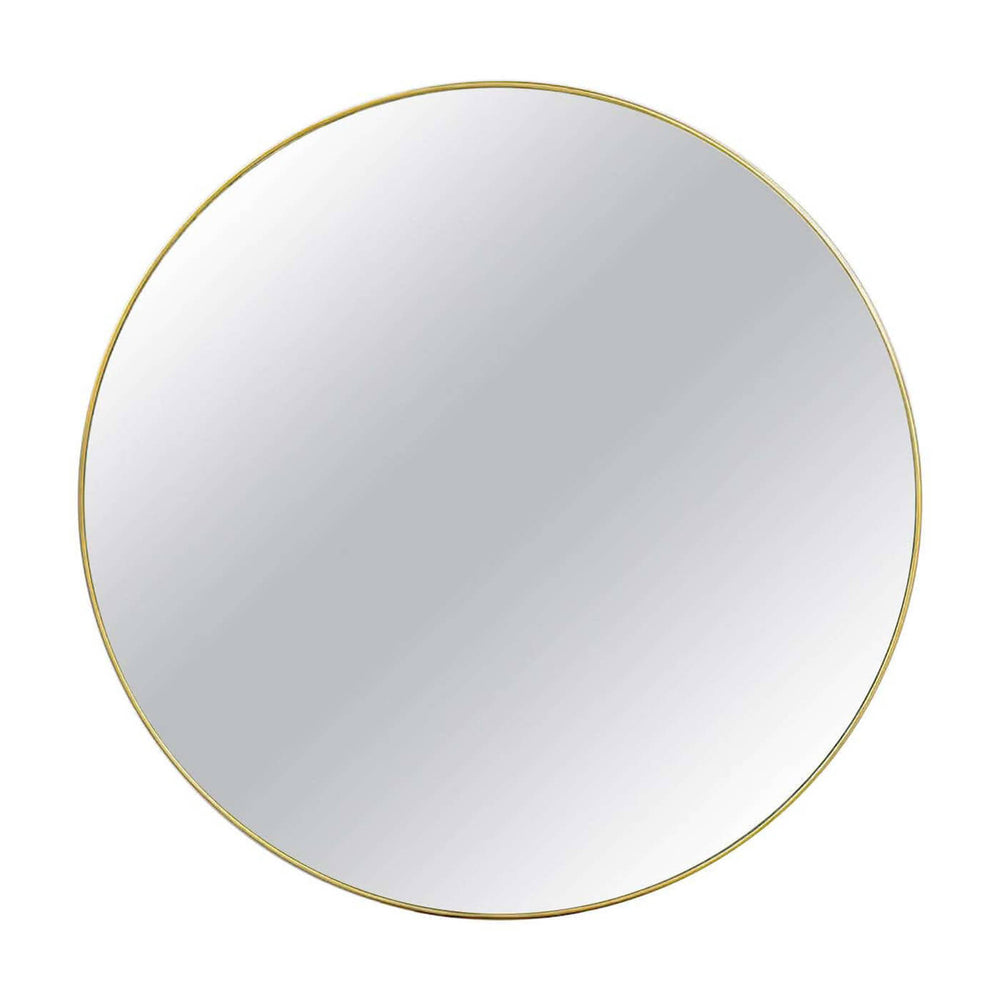 Round mirror with gold rim, front view.