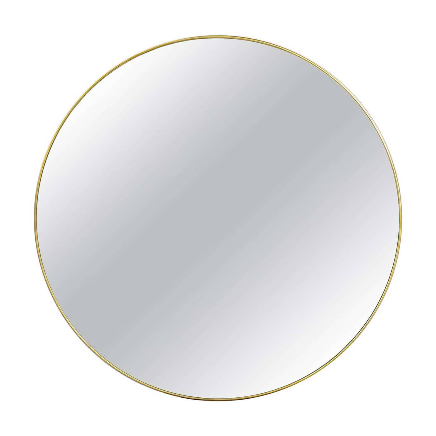 Round mirror with gold rim, front view.