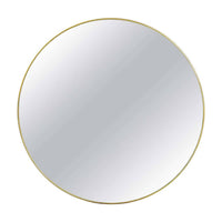 Round mirror with gold rim, front view.