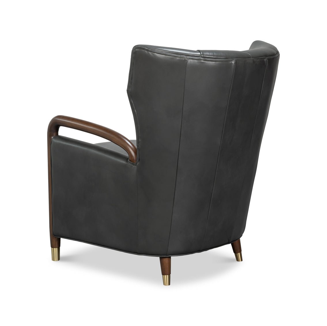 Rear side angle of gray leather armchair.