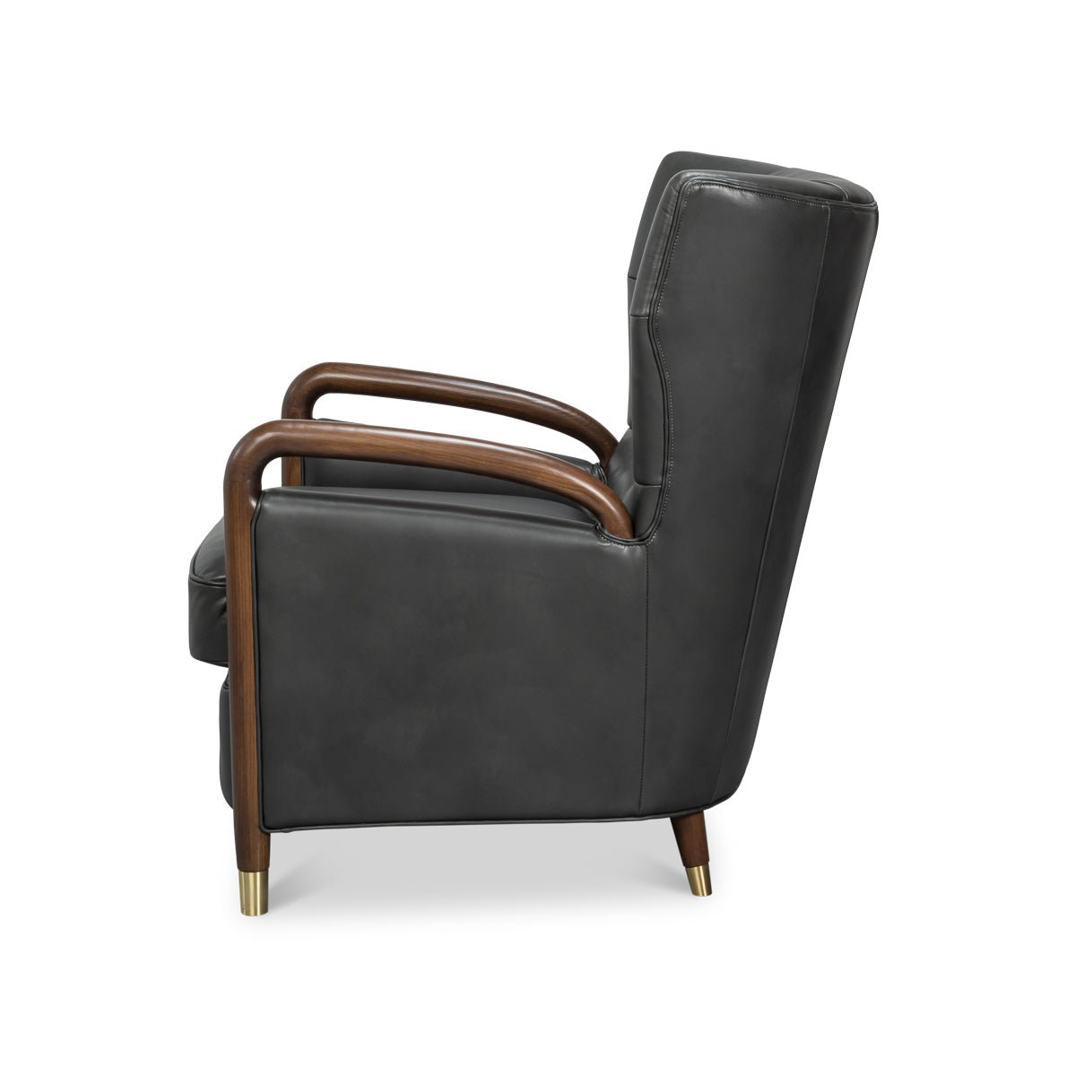 Side view of mid-century gray leather armchair.
