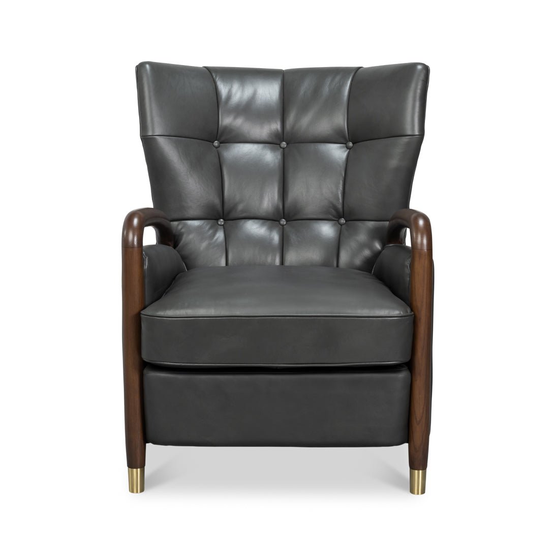 Gray leather armchair, front view with buttoned backrest.