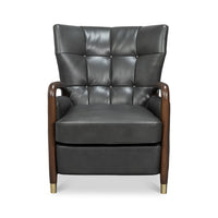 Gray leather armchair, front view with buttoned backrest.