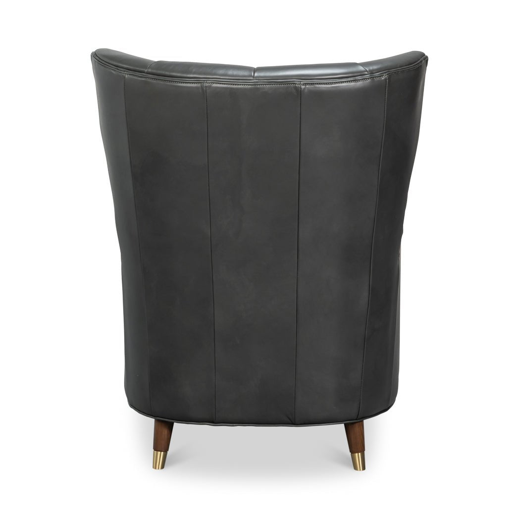 Back view of mid-century modern gray leather armchair.