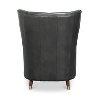 Back view of mid-century modern gray leather armchair.