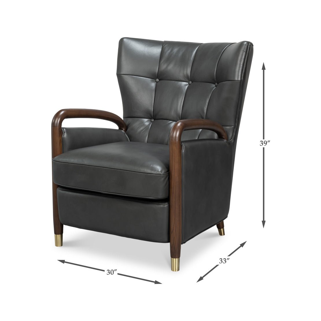 Dimensions displayed on mid-century gray leather armchair.