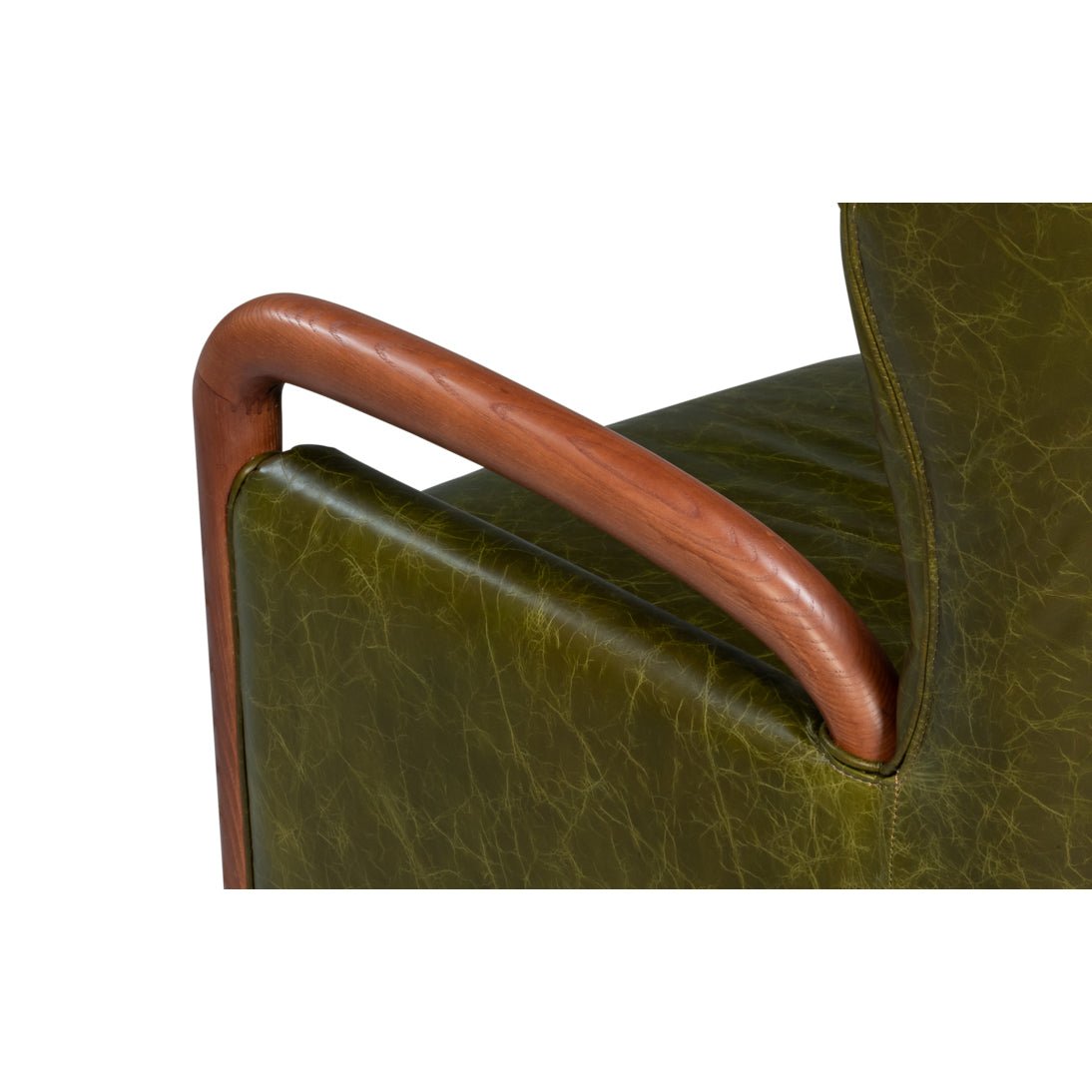Detail of armchair's wooden armrest design.