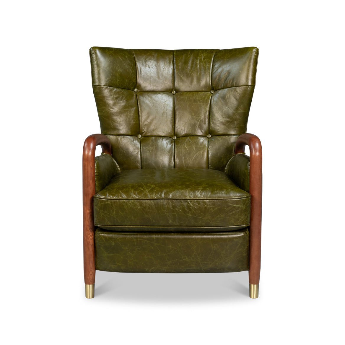 Green leather armchair front view highlighting button-tufted upholstery.