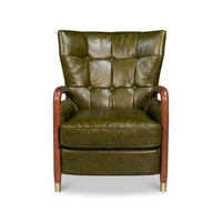 Green leather armchair front view highlighting button-tufted upholstery.