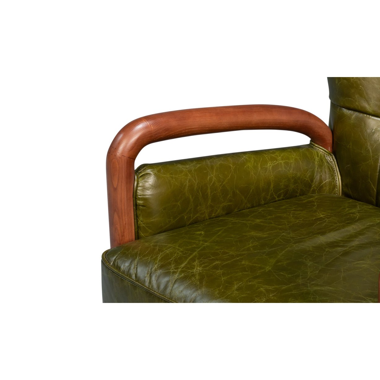 Close-up of armchair's wooden armrest and cushion.