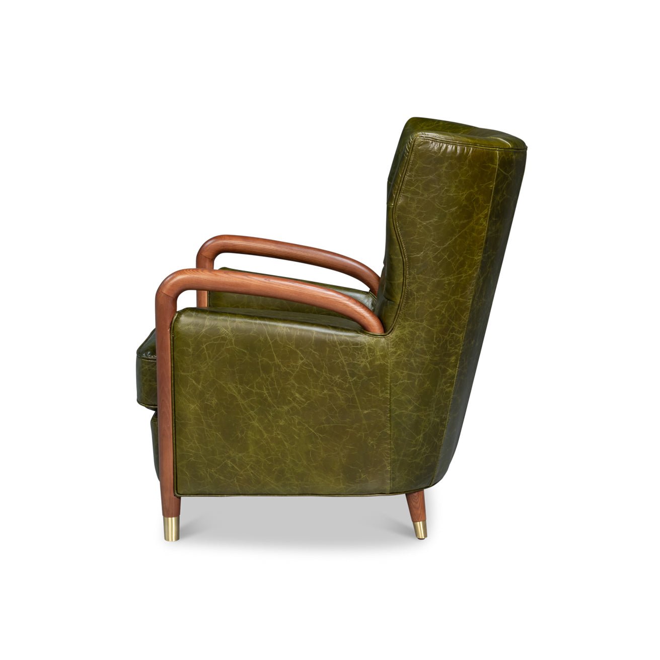Green leather armchair side view with wooden details.
