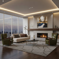 Living room with city view featuring two armchairs.
