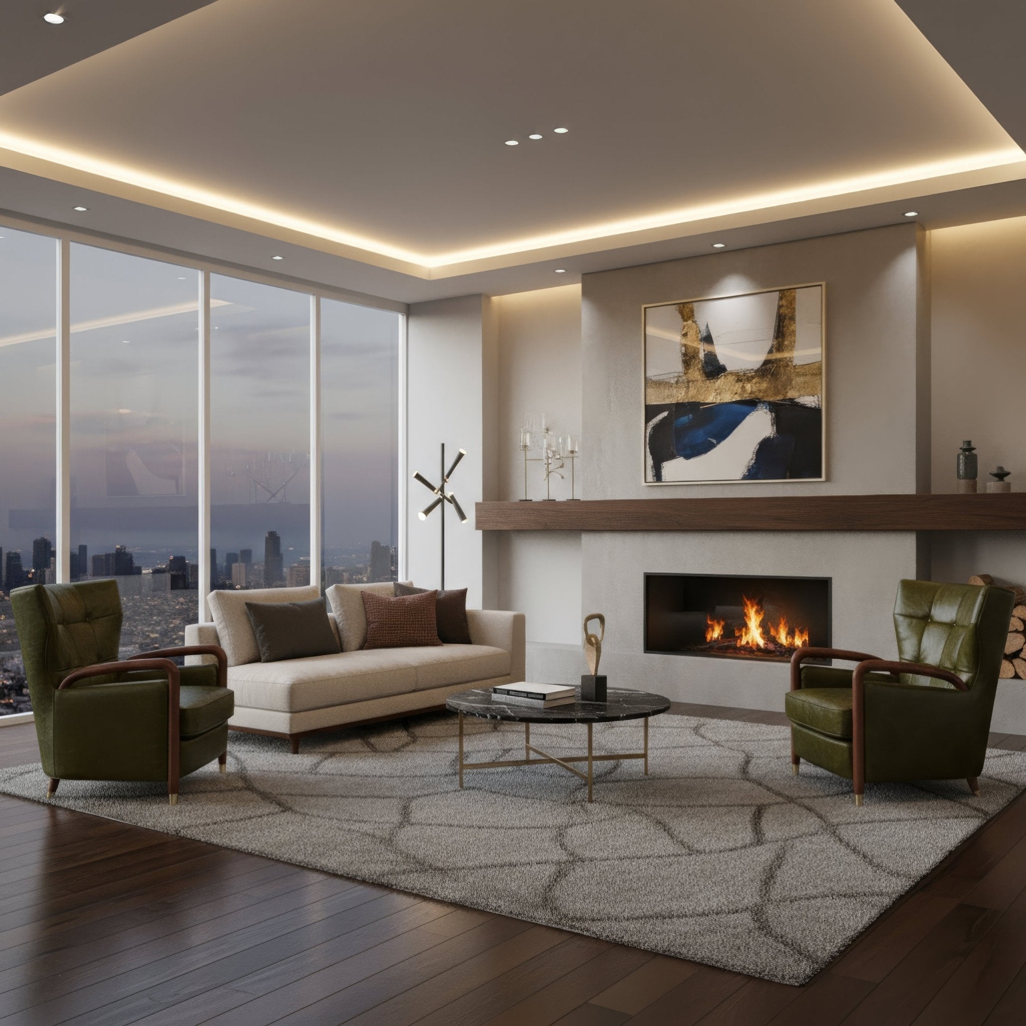 Living room with city view featuring two armchairs.