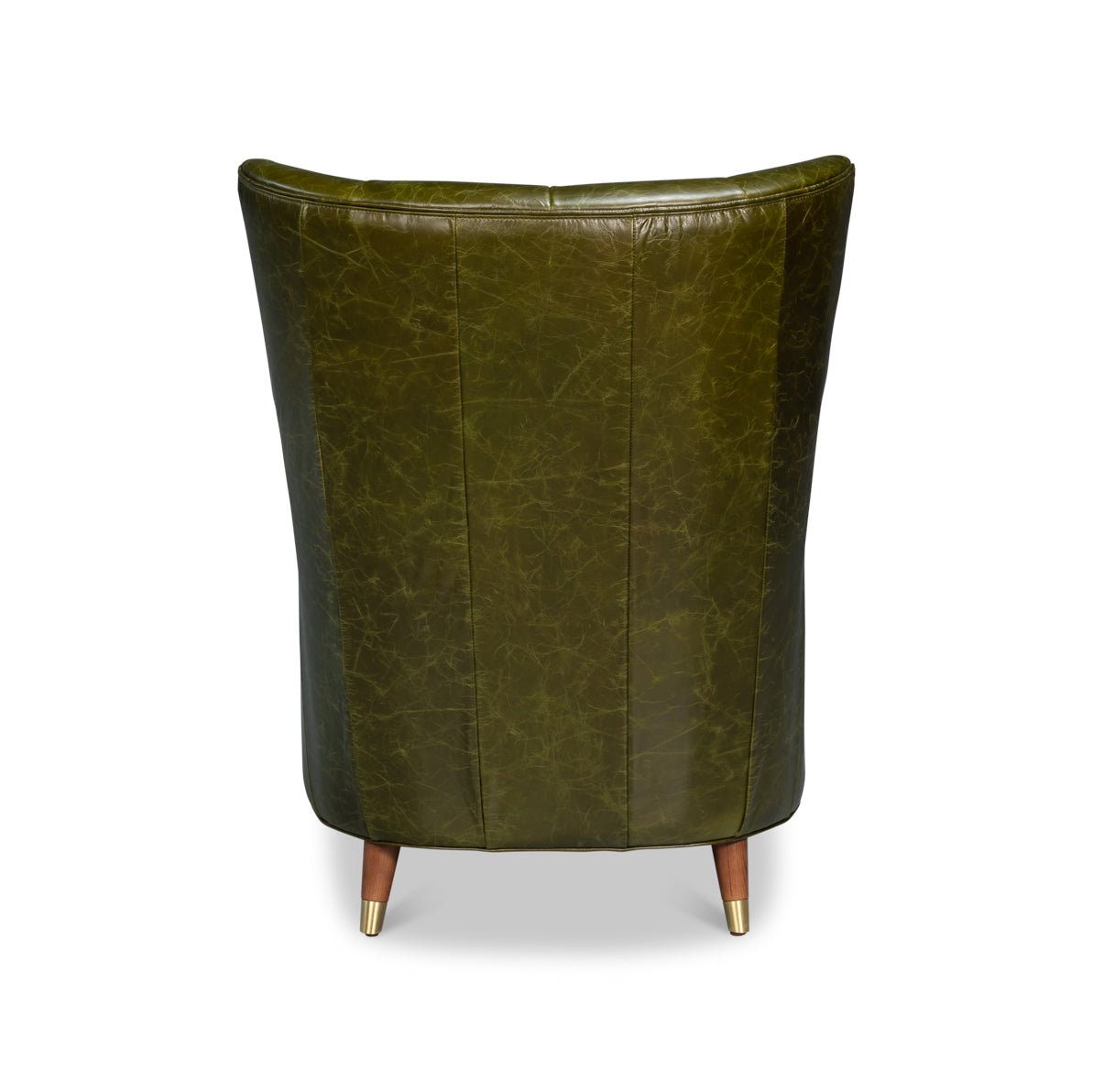 Green leather armchair rear view with elegant curves.