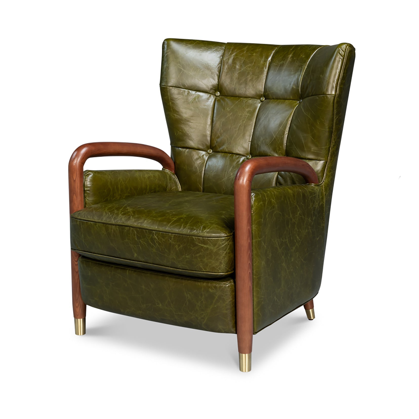 Green leather armchair front view with wooden arms.