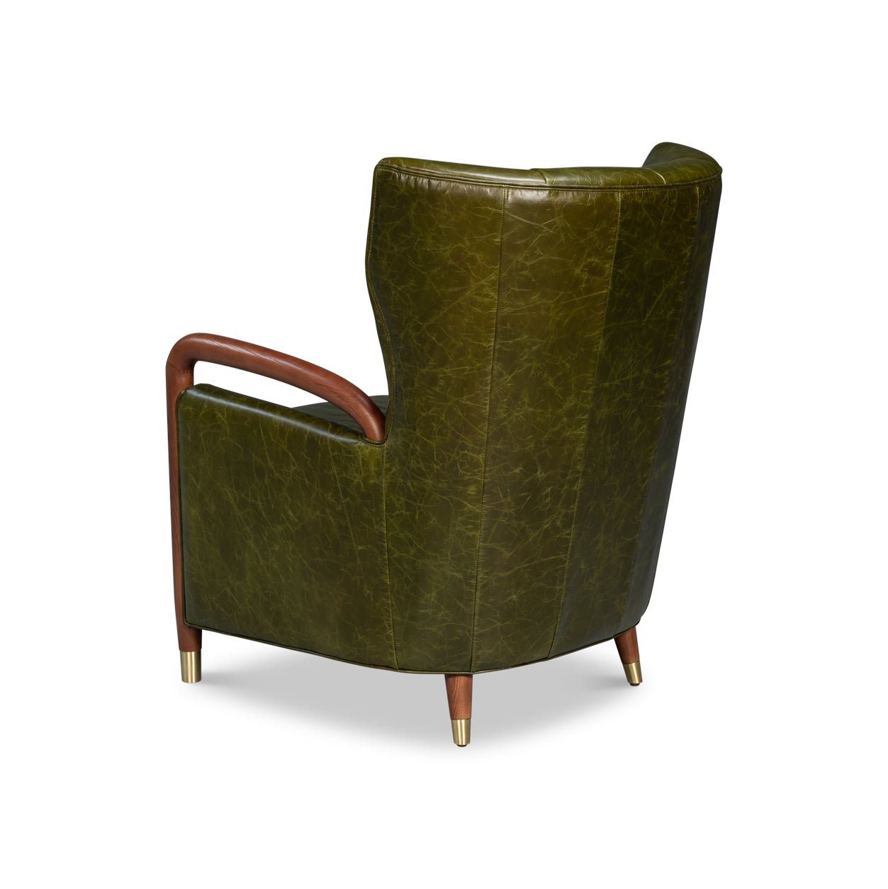 Back view of green leather armchair showcasing design.