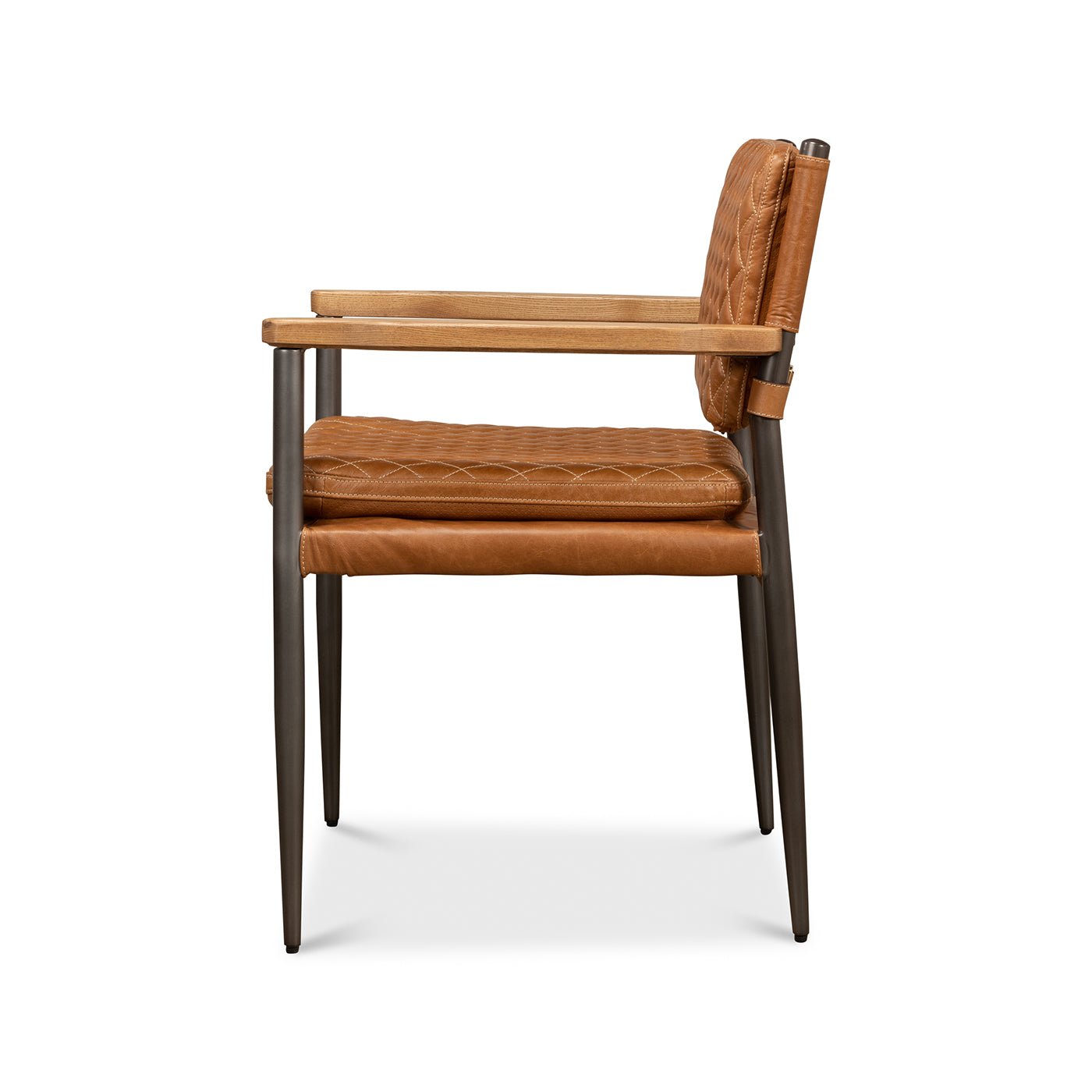 Side profile of Mid-Century leather armchair with wooden arms.