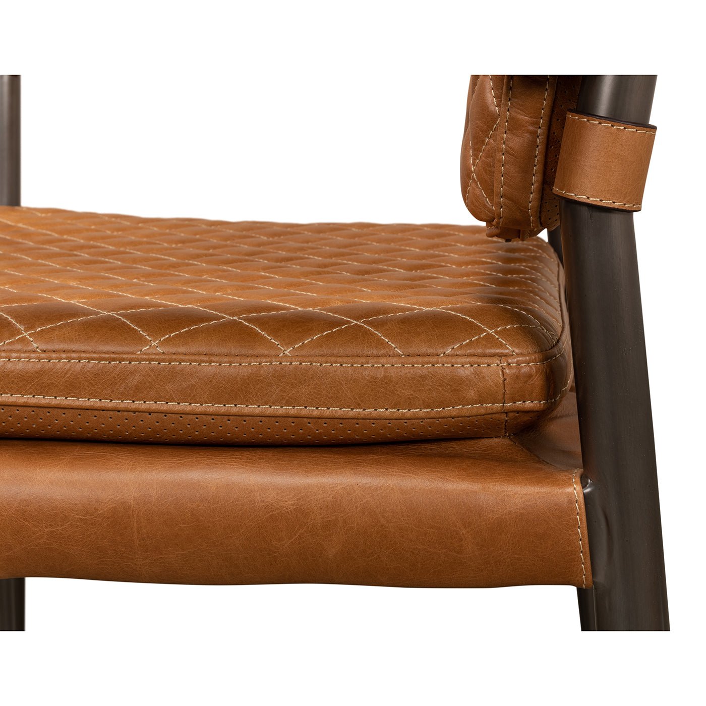 Close-up side detail of Mid-Century armchair cushion stitching.