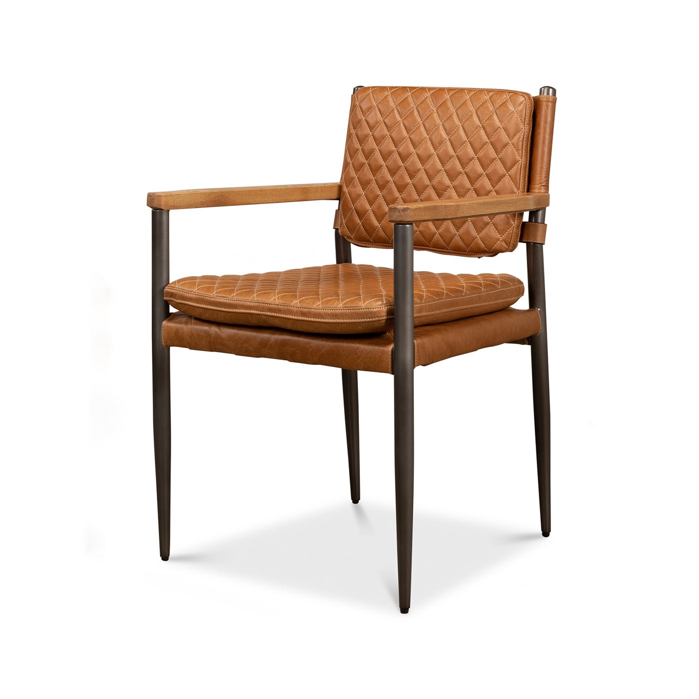 Mid-Century leather armchair, angled view with metal legs.