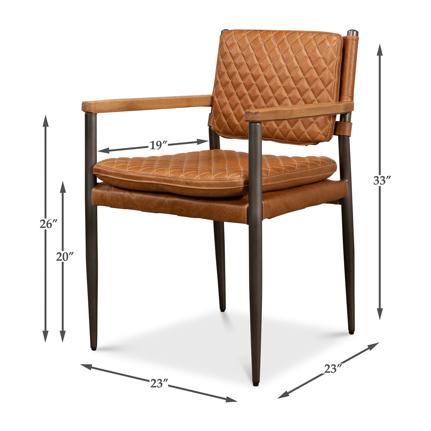 Dimensions diagram of Mid-Century leather armchair, labeled measurements.