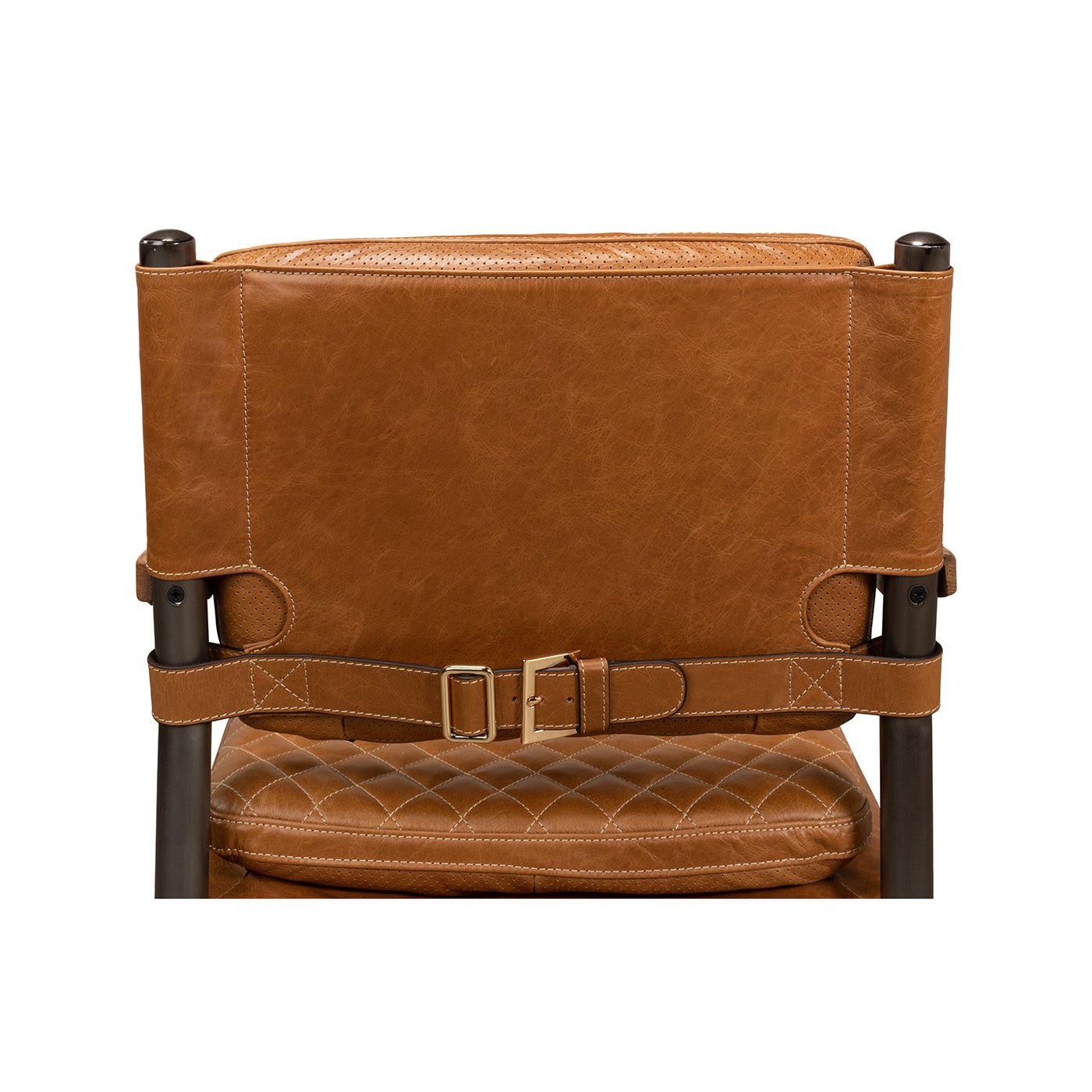 Back detail of Mid-Century armchair with leather buckle.