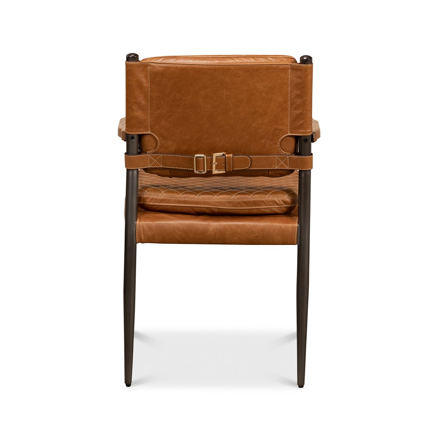 Back view of Mid-Century leather armchair with buckle detail.