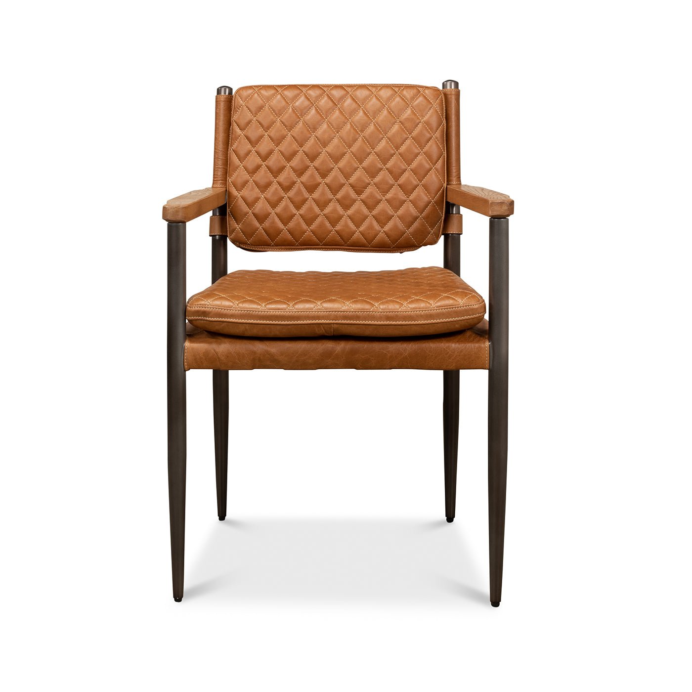 Front view of Mid-Century leather armchair with cushions.