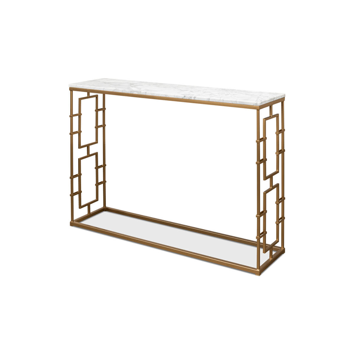Console table, marble top, angled view, decorative sides.