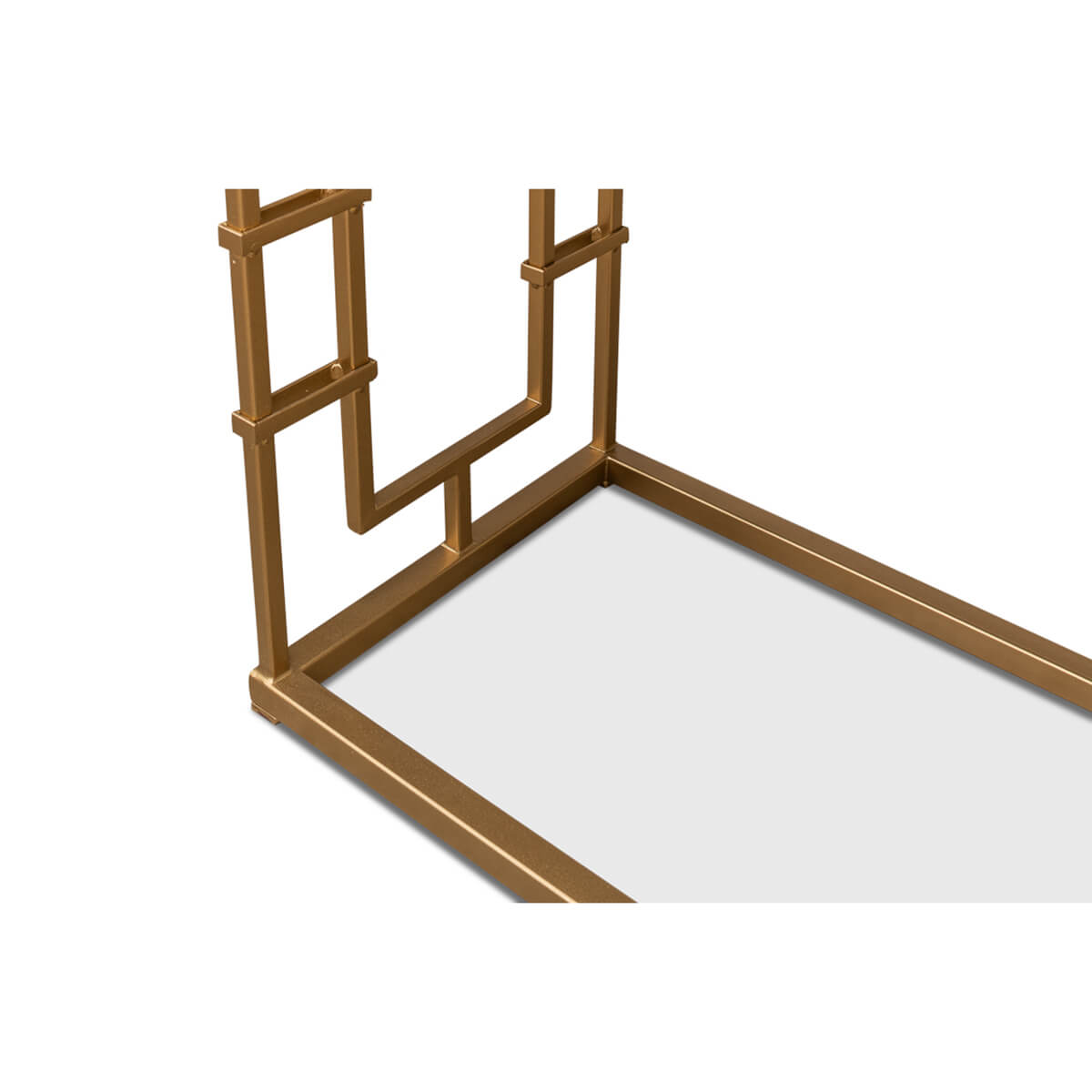 Console table, frame close-up, decorative metal design.