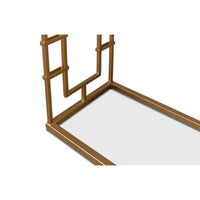 Console table, frame close-up, decorative metal design.