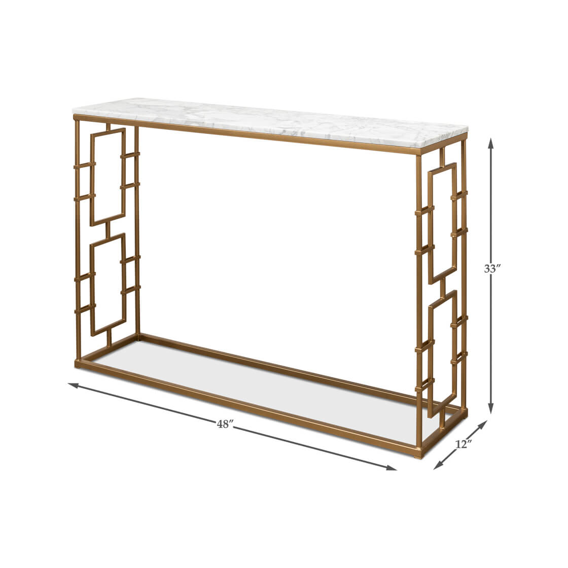 Console table dimensions, marble top, stylish modern design.