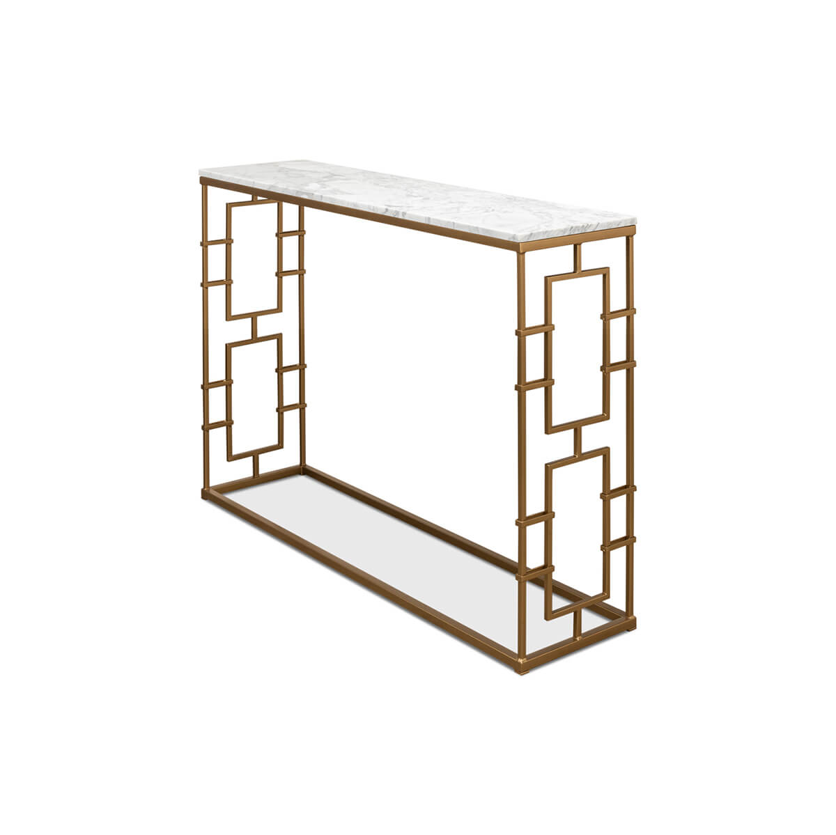 Console table, side view, intricate frame, marble top.
