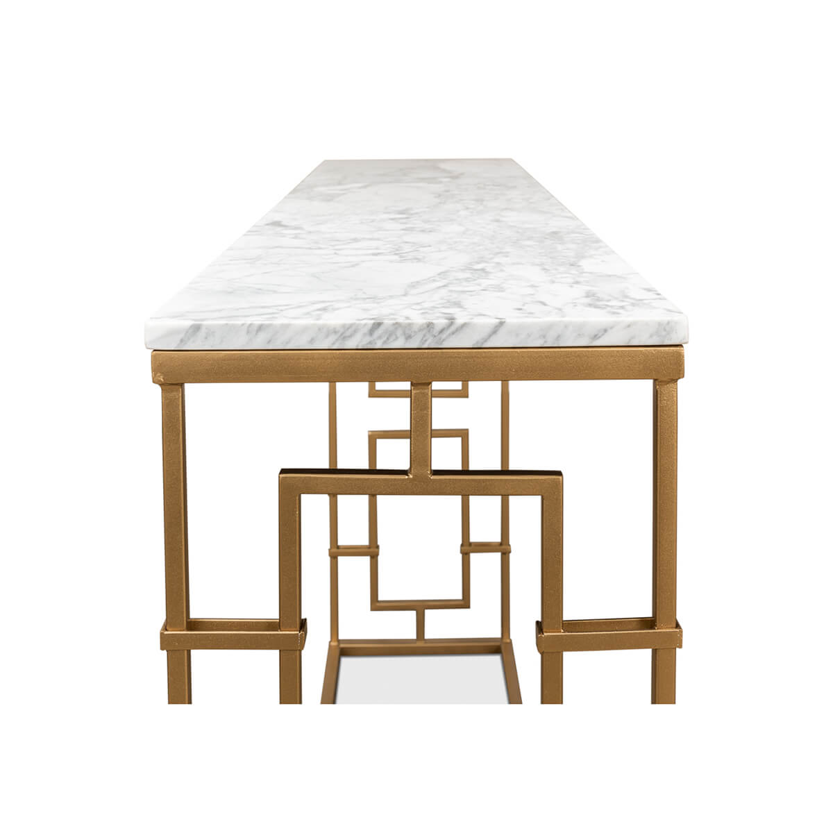 Console table, end view, geometric pattern, marble detail.