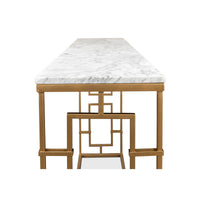 Console table, end view, geometric pattern, marble detail.