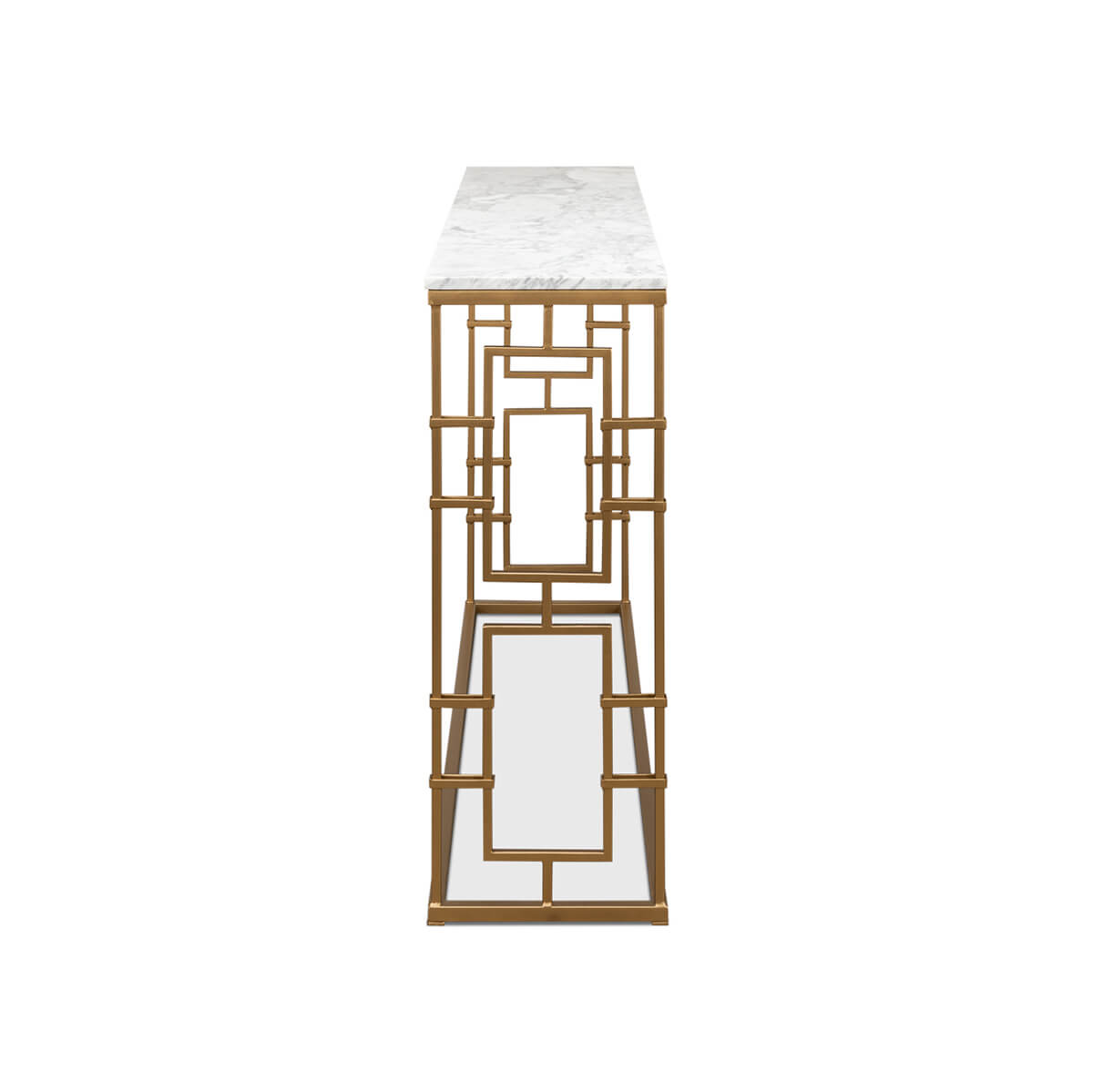 Console table, close side view, artistic frame design.