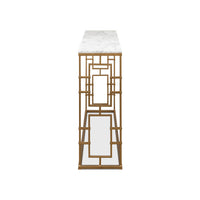 Console table, close side view, artistic frame design.
