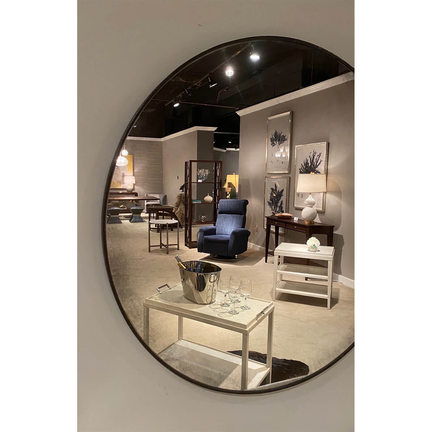 Interior view reflected in mid-century modern mirror.