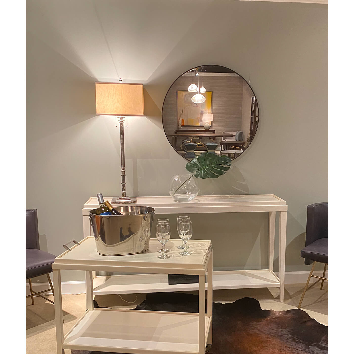 Mid-century modern mirror in stylish living room setting.