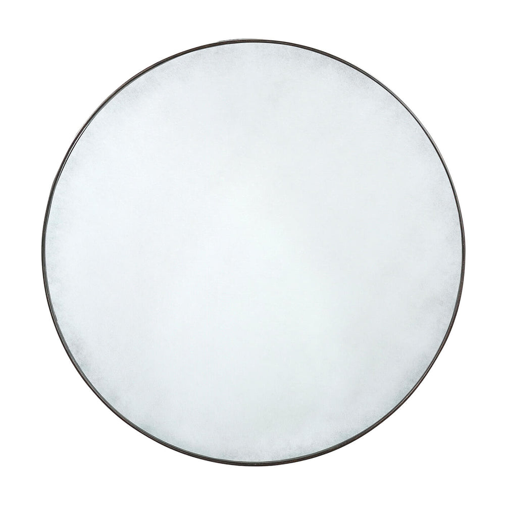 Round mid-century modern mirror with metallic frame.