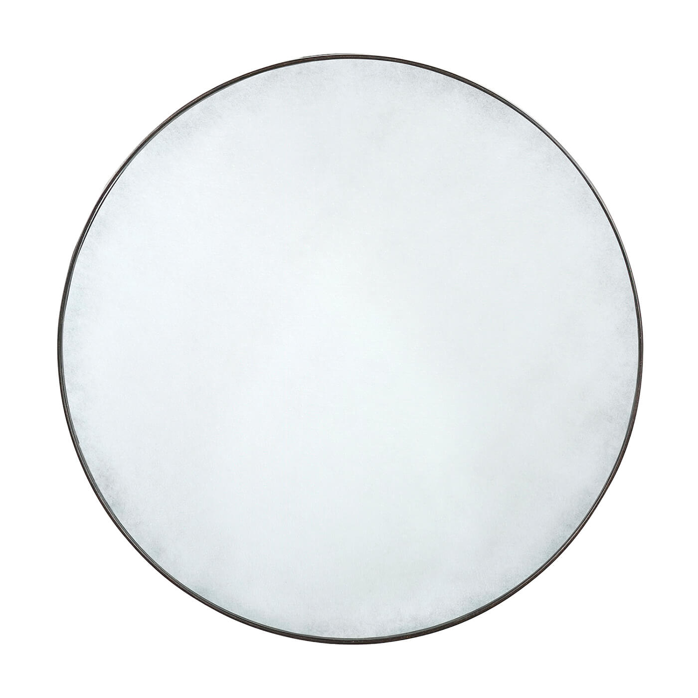 Round mid-century modern mirror with metallic frame.