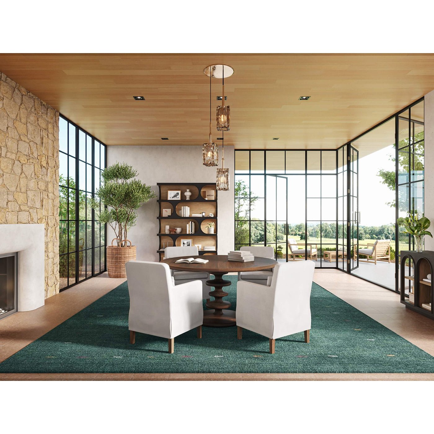 Spacious room with round dining table and natural light.