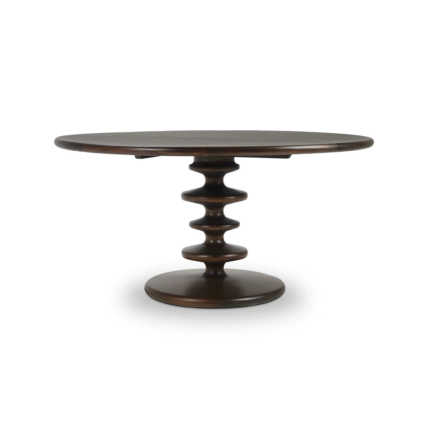 Dark wood round dining table with unique pedestal design.