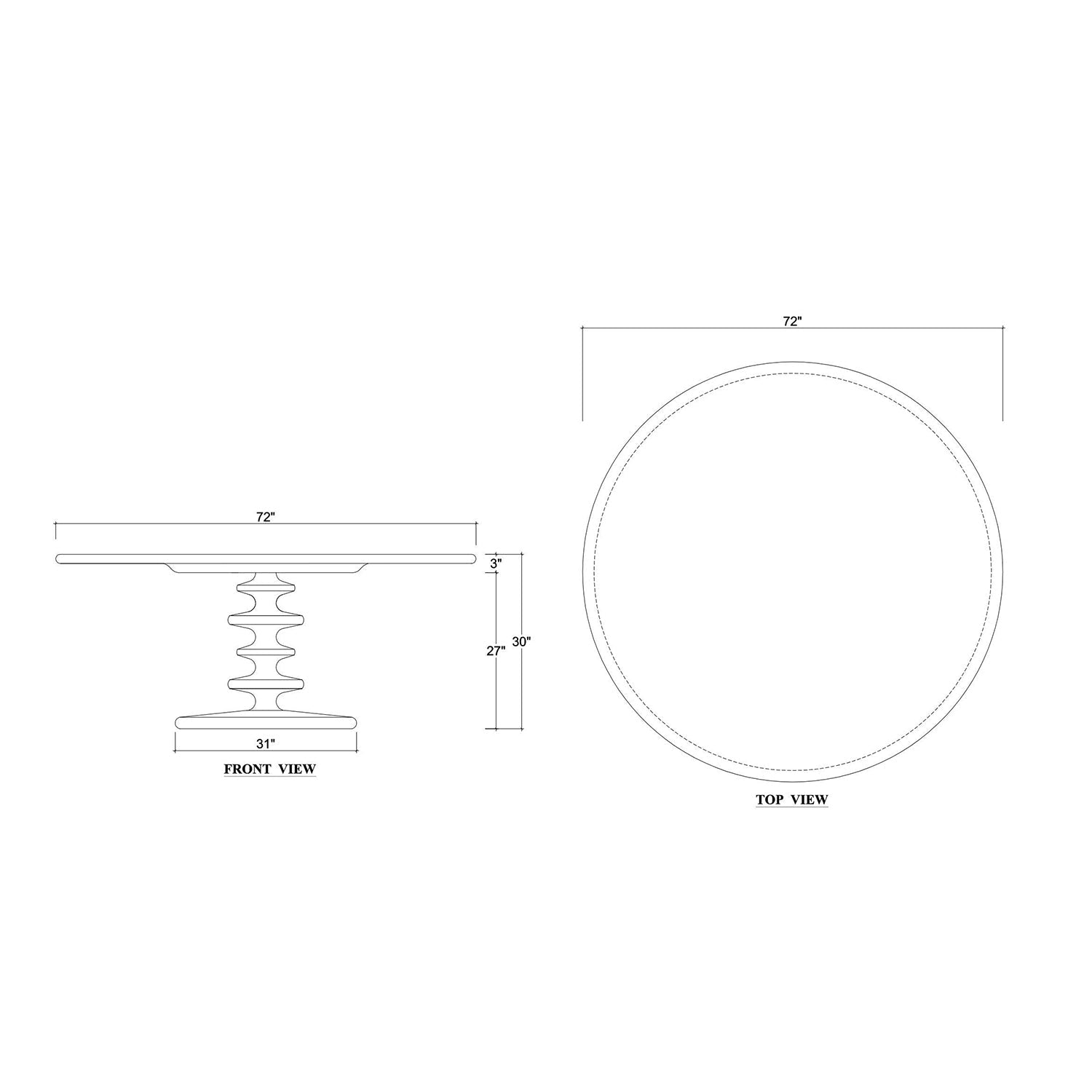 Diagram with dimensions of round dining table design.